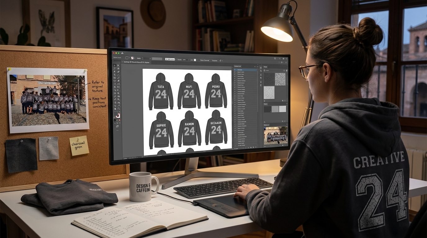 Mujer en el ordenador haciendo diseño de sudadera para grupo de instituto